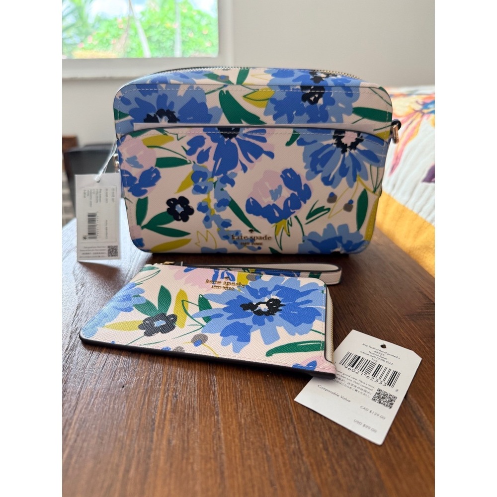 Kate Spade Lauryn Floral Camera Bag & Lucy Festival Wristlet Cream Blue NWT